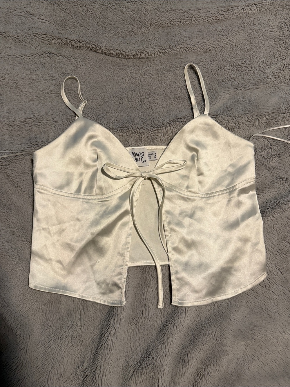 Princess Polly Satin Tie-Front Crop Cami in Ivory